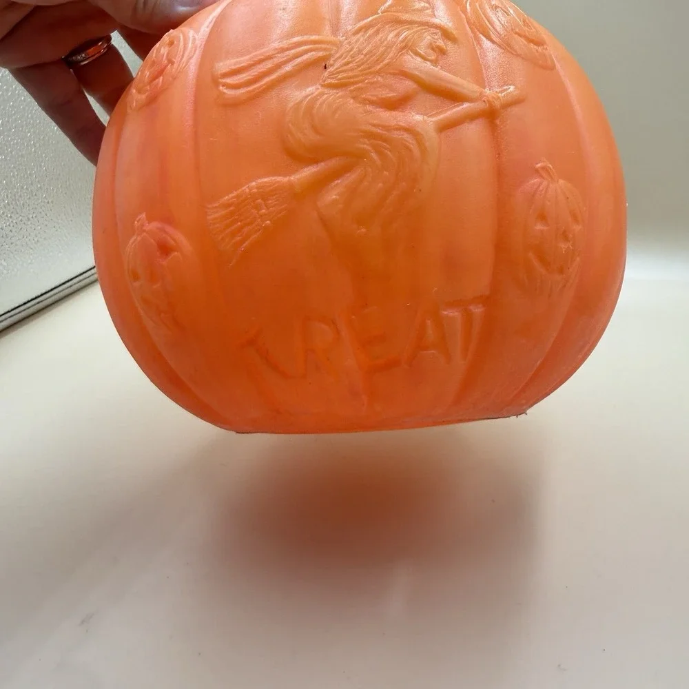 Vintage Renzi 2-Sided Halloween Blow Mold Pumpkin Witch Candy Pail Bucket Retro